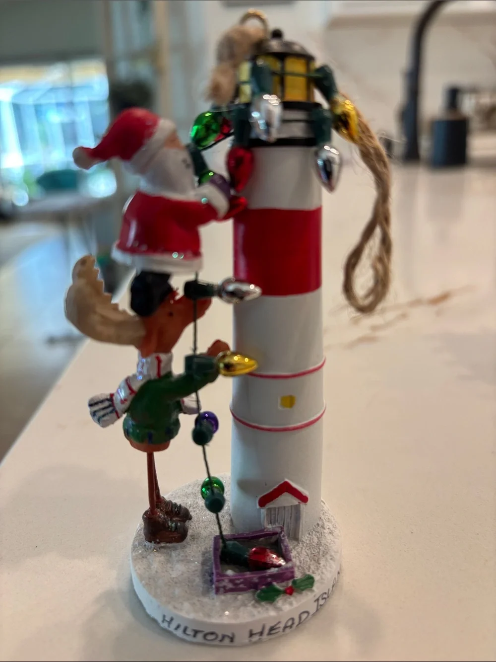 Holiday Lighthouse Ornament with Santa and Reindeer - Red & White